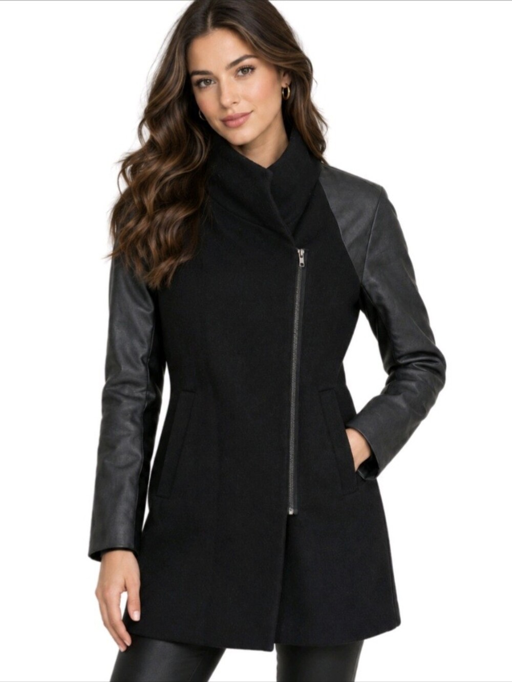 J. Crew Envelope Coat Black Wool Faux Leather Sleeve Size 10 NEW